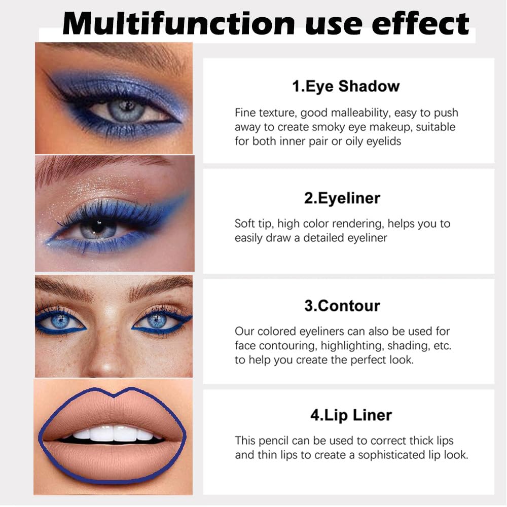 evpct 3Pcs Shimmer Royal Blue & Dark Blue & Royal Blue Gel Glitter Eyeliner Pencils Set for Women Waterproof Smudge Proof lapiz de ojos delineador de ojos contra el agua Eye Liner Makeup 07 08 24
