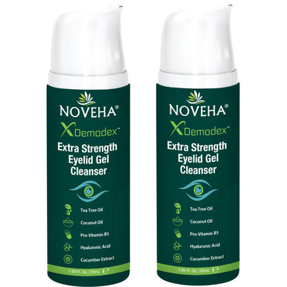 NOVEHA Demodex Extra Strength Eyelid Gel Cleanser - for Demodex, MGD and Dry Eye with Pro-Vitamin B5, Tea Tree Oil, and Hyaluronic Acid - Gentle Cleansing, Soothes Itchy Eyelid - 50mL (2 Pack)