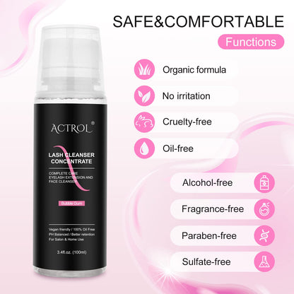 Eyelash Cleanser Concentrate 100ml Bubble Gum Professional Lash Shampoo Foaming Cleanser Lash Wash Concentrate for Extensions Lashes with Salon Home Care-Makes 40 Bottles