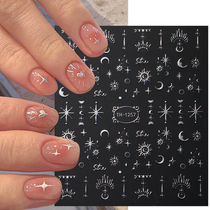 6 Sheets Metallic Nail Art Stickers Decals-3D Self-Adhesive Sun Stars Moon Nail Design Luxury Silver Metallic Nail Supplies Designer Nail Stickers for Women Acrylic Nails Decorations Accessories Craft