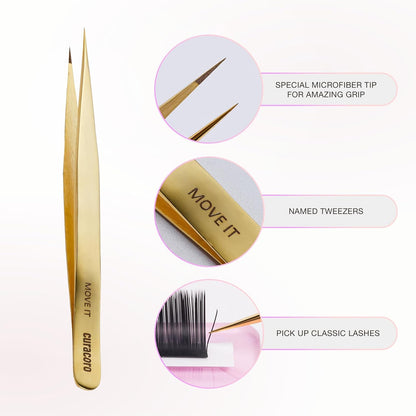 Curacoro Lash Tweezer - Professional & Precision Fiber Tip Grip Lash Tweezers for Eyelash Extensions, Multi Shapes & Purposes Tweezers for Volume, Isolation & Classic Lashes (Gold, Move It)
