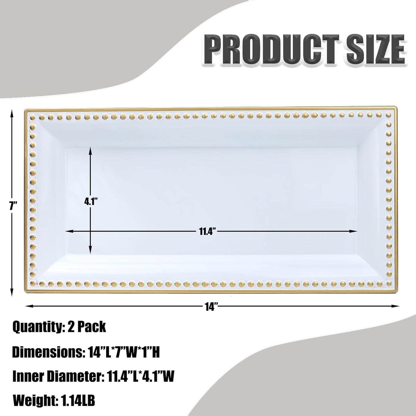 2 Pack White Bathroom Vanity Tray for Countertop with Beads, Small Plastic Toilet Tank Tray Versatile Storage Organization Tray for Makeup, Perfume, Desk, Kitchen, Candles, 14"x7"x1", 36W