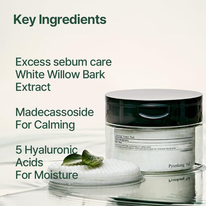 Pyunkang Yul PKY Calming Toner Pad with Tea Tree, 5 Hyaluronic Acids, Removes Dead Skin Cells, Moisturizes, Korean Face Skin Care, Acne Prone & Sensitive Skin, Double-Sided Pad 7.7 fl.oz 70ea