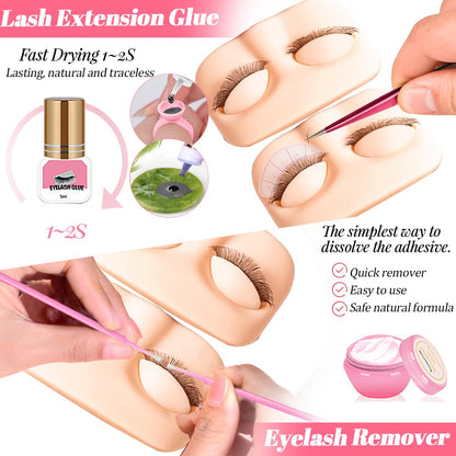 Lash Extension Kit for Beginners Lash Mannequin Head with Replaced Eyelids False Eyelashes Practice Eyelash Strips Facial Mister Tweezers Glue USB Fan Professional Set