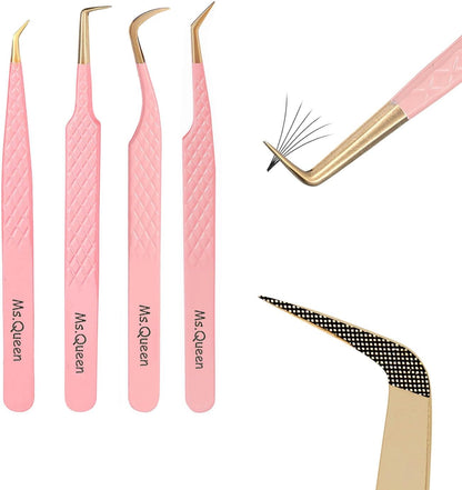 Ms.Queen Lash Tweezers Set,Professional 4Pcs 45 90 Degree Curved and Isolation Lash Tweezers for Eyelash Extensions