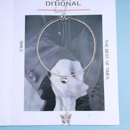 Punk Layered Butterfly Choker Necklace Rhinestone Tennis Chain Necklace Silver Puffy Heart Pendant Necklace Choker Boho Crystal Clavicle Necklace Jewelry for Women and Girls 2 Pcs