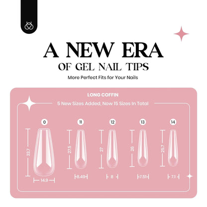 Beetles Gel Nail Kit 600Pcs Long Coffin Nail Tips with Pink Gel Polish Top Coat,15 Sizes Soft Clear Press on Nails 5 In 1 Nail Glue Uv Lamp Easy Nail Extension Set for Women