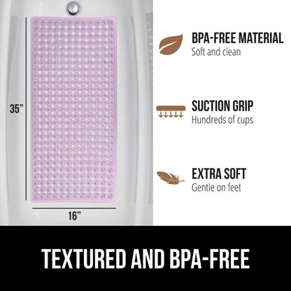GORILLA GRIP Patented Bath Tub Shower Mat, Machine Washable Bathtub Floor Liner Mats, Suction Cups and Drain Holes to Keep Tubs Clean, Soft on Feet, Bathroom Essentials, 35x16 Inch, Clear Purple