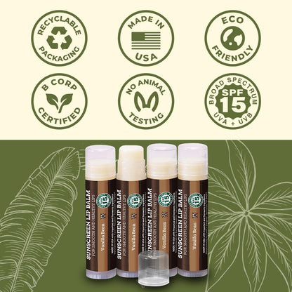 Earth's Daughter SPF Lip Balm 4-Pack - Lip Sunscreen, SPF 15, Organic Ingredients, Vanilla Flavor, Beeswax, Coconut Oil, Vitamin E - Hypoallergenic, Paraben Free, Gluten Free