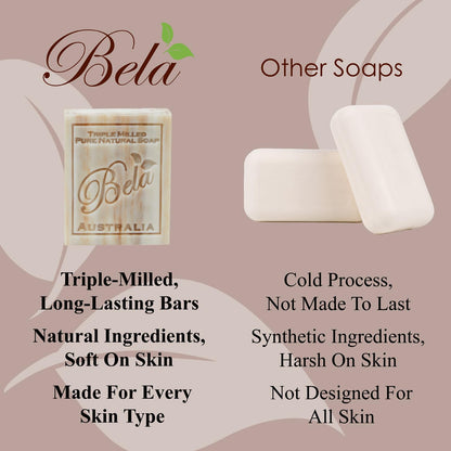 BELA Triple Milled Soap Variety Pack 3.3 OZ Pack of 6, Long Lasting French Triple Milled Bar Soap with Organic Shea Butter, Hand, Face and Body Wash Bar Made in Australia