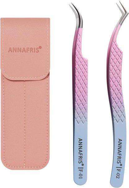 Eyelash Extension Tweezers,Fiber Tip Grip Boot Volume Lash Tweezers,Professional Pointed Lash Extension Tweezers for Easy Lash Application and Removal(2Pcs-F01/02)