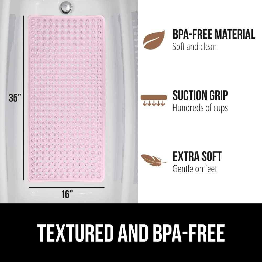 GORILLA GRIP Patented Bath Tub Shower Mat, Machine Washable Bathtub Floor Liner Mats, Suction Cups and Drain Holes to Keep Tubs Clean, Soft on Feet, Bathroom Essentials, 35x16 Inch, Clear Light Pink