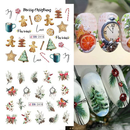 12 Sheets Christmas Nail Art Stickers Snowflake Water Transfer Nail Decals Holographic Gingerbread Man Snow Trees Winter Design Watermark Nail Foils Stickers for Women Xmas Nail Decorations
