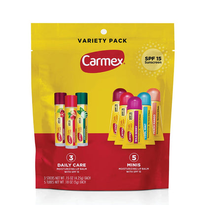 Carmex Daily Care and Daily Care Minis Moisturizing Lip Balm Pack, SPF 15, Multi-Flavor Lip Care Variety Pack Bag, 8 Count (3 Sticks, 5 Mini Tubes)