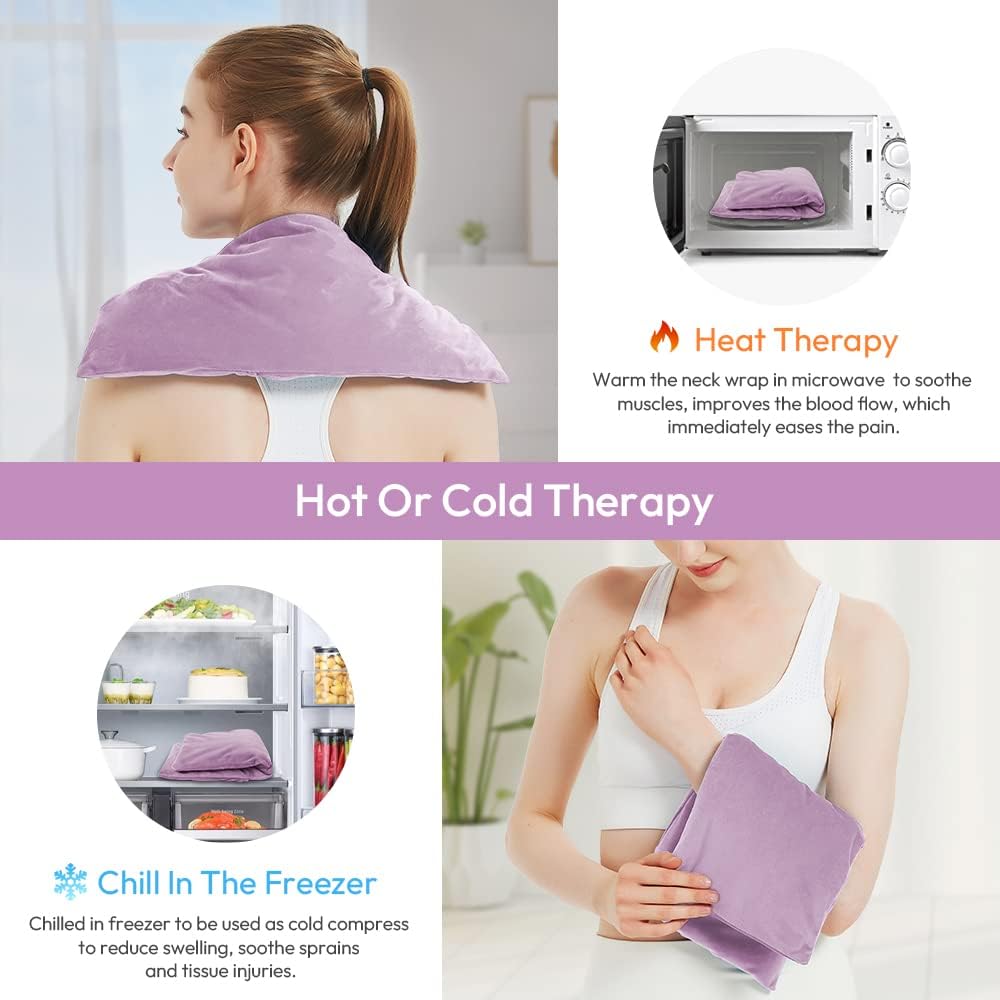 Microwavable Heating Pad with Washable Cover, 8 x 18 Microwave Heating Pad for Neck and Shoulders, Moist Heat Bean Bag Warm Compress for Knee, Joints, Wrist, Abdomen (Purple)