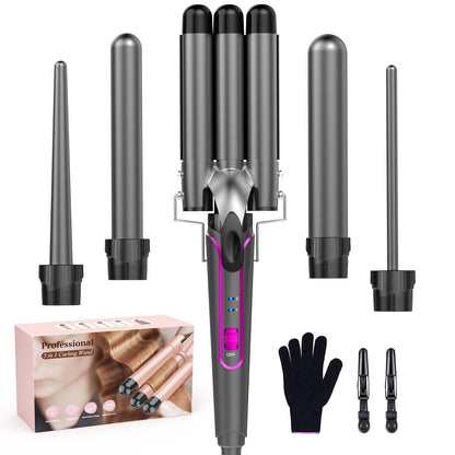 BESTOPE PRO 5 in 1 Curling Wand Set - 3 Barrel Hair Crimper, Fast Heating Ceramic Curling Iron - Gray