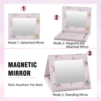 Magnetic Empty Makeup Palette with Mirror – Customizable Refillable Case for Eyeshadow, Blush, Lipstick, Highlighter – Lightweight, Waterproof, with Spatula & 20 Metal Stickers (Pink, Medium)