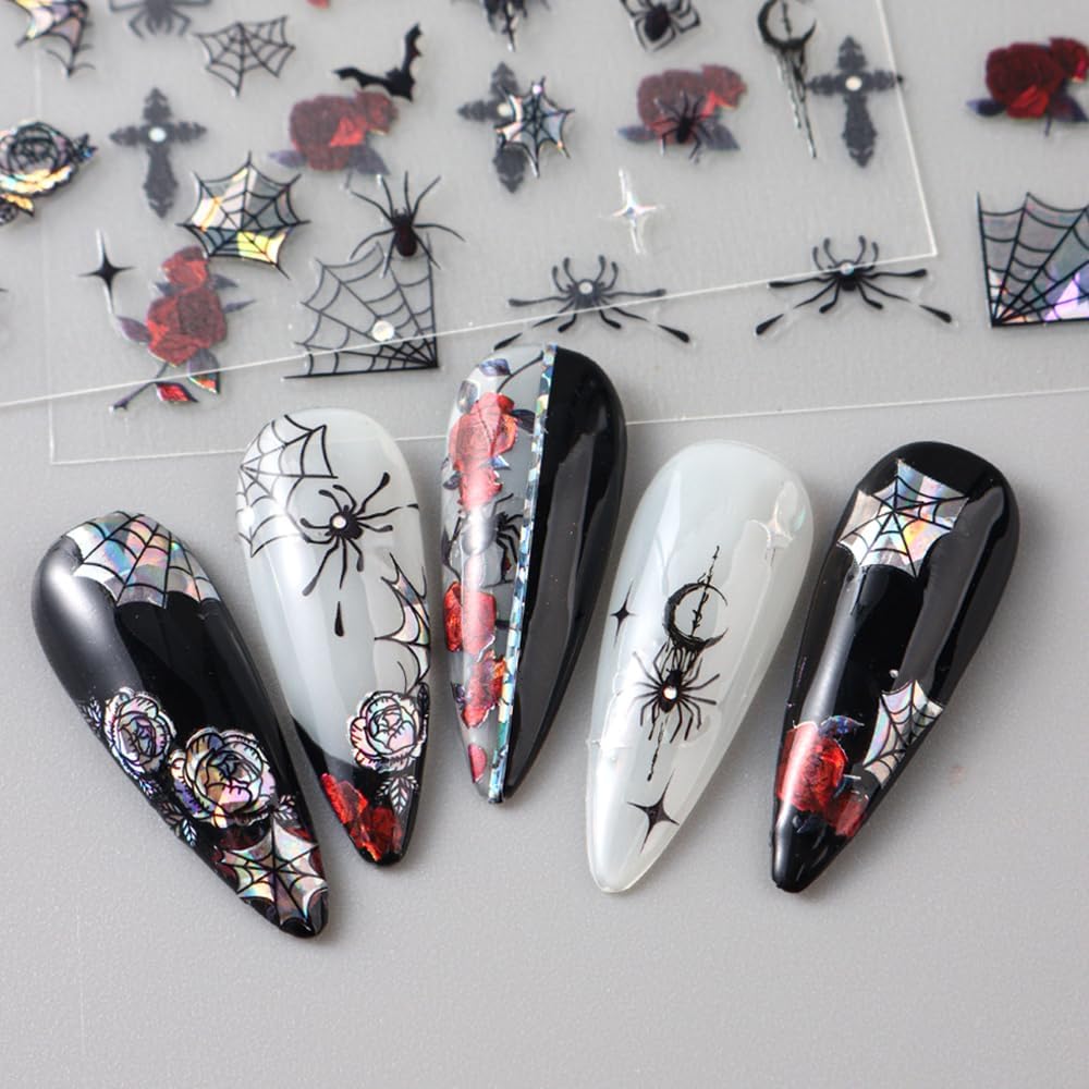 6 Sheets Halloween Nail Stickers Decals, 3D Spider Nail Sticker Decoration Self-Adhesive Colorful Red Rose Flowers Spider Web for Nails Stickers DIY Manicure Art Halloween Decoration