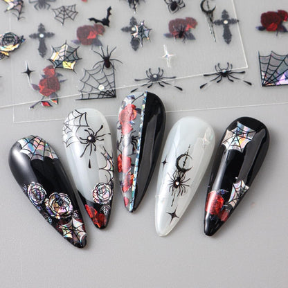 6 Sheets Halloween Nail Stickers Decals, 3D Spider Nail Sticker Decoration Self-Adhesive Colorful Red Rose Flowers Spider Web for Nails Stickers DIY Manicure Art Halloween Decoration
