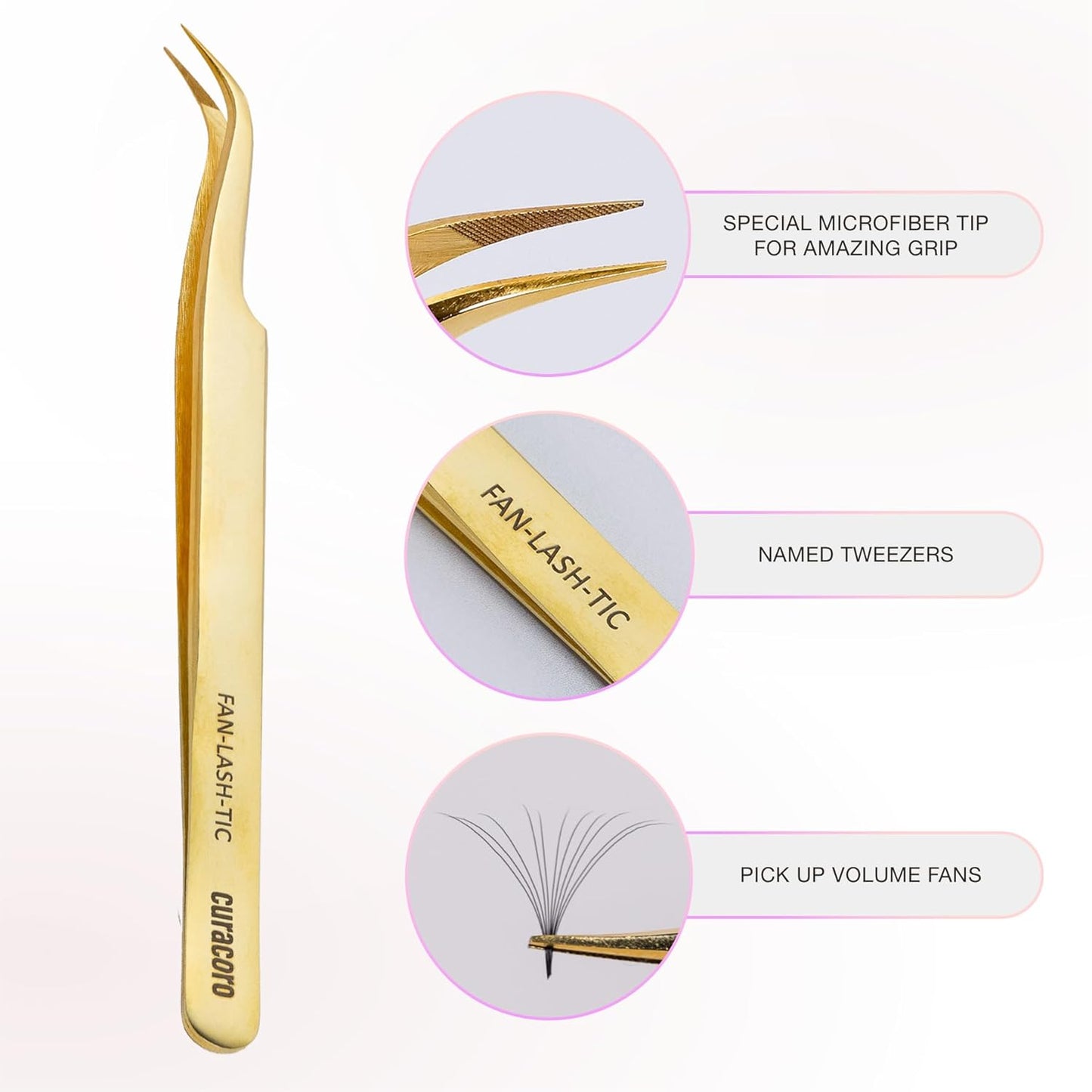 Curacoro Lash Tweezer - Professional & Precision Fiber Tip Grip Lash Tweezers for Eyelash Extensions, Multi Shapes & Purposes Tweezers for Volume, Isolation & Classic Lashes (Gold, Fan-lash-tic)