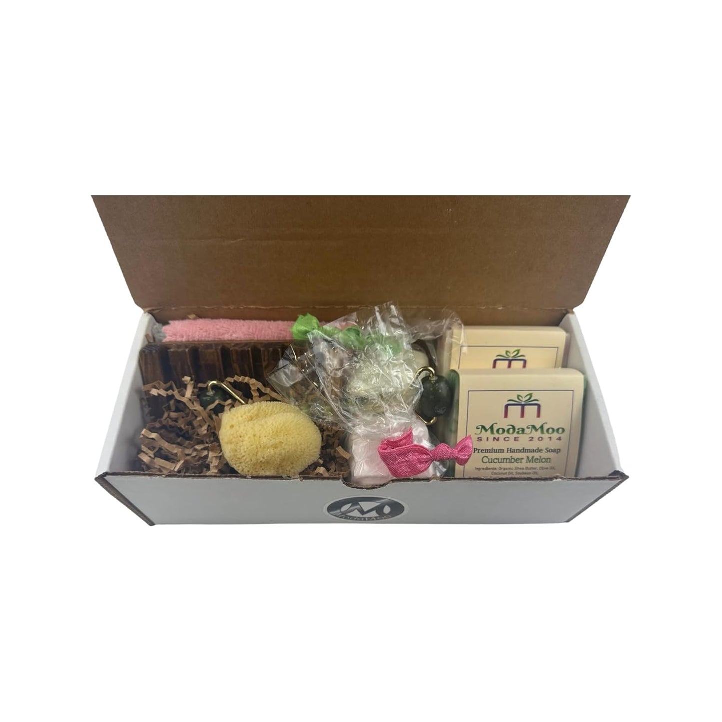 ModaMoo's Day Spa Gift Box Set. Cucumber Melon and Asian Tea Blossom Soaps, Jade Roller, Sea Sponge, and More
