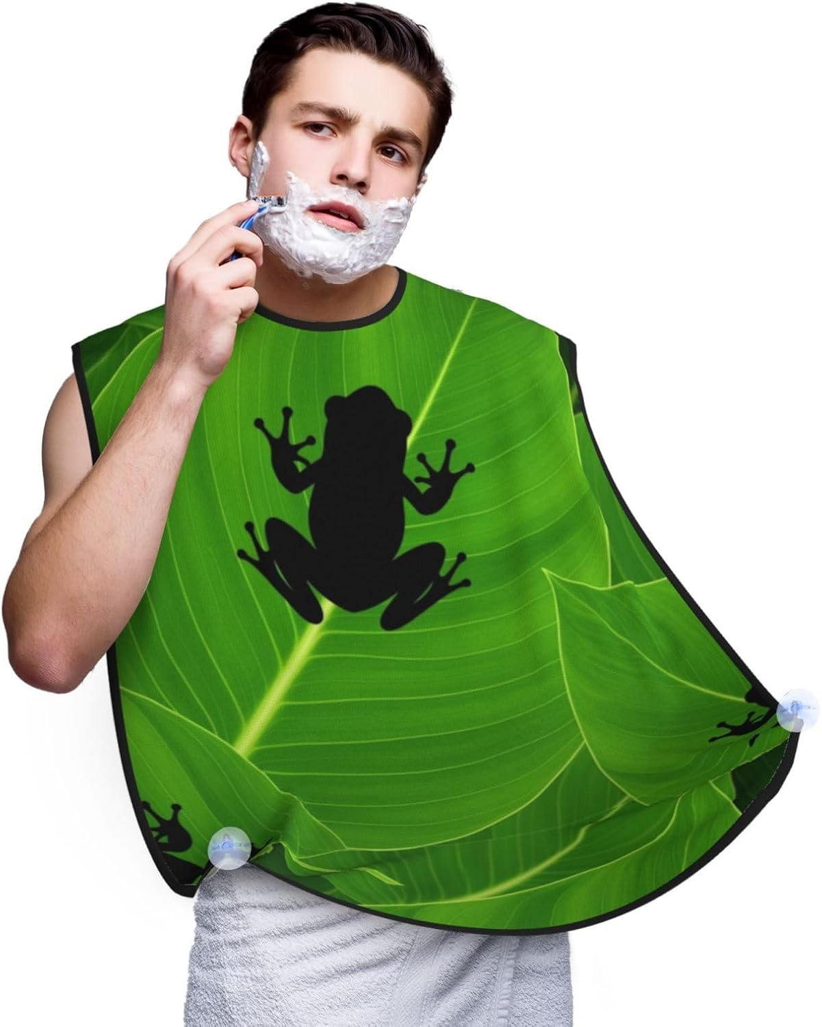 Strong Suction Cup Beard Grooming Bib, Non-Stick Hair Catcher, Waterproof, for Shaving, Green Leaf Frog