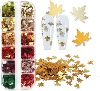 3 Boxes Fall Nail Art Sequins Thanksgiving Day 3D Holographic Gold Red Maple Leaf Nail Glitter Sequins Autumn Nail Supplies Decoration for Women DIY Manicure (36 Grids)