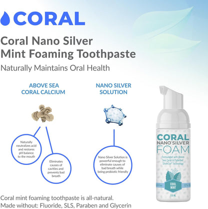 Coral Nano Silver Foaming Toothpaste, Natural Fluoride Free Toothpaste, SLS and Glycerin Free, Cool Mint, 4 Ounce