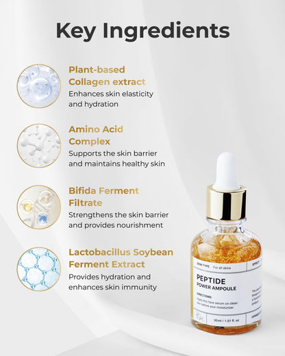 BOM COSMETICS Peptide Power Ampoule 1.01 Fl Oz, Penta-Peptide with 24k Gold Thread and 99% Pure Gold for Skin Collagen Boost, Firming Serum to Improve Elasticity and Radiance, Korean Skin Care