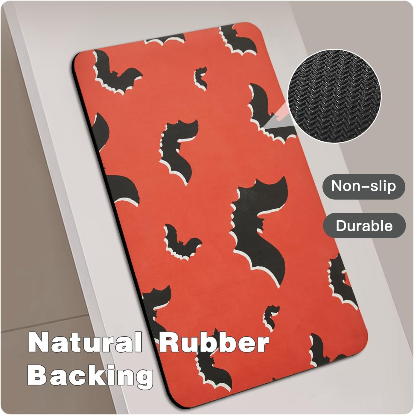 Halloween Bath Mat, Thin Halloween Bathroom Rug Non Slip Quick Dry Bat Bath Mat Fits Under Door Thin Floor Mat Halloween Decor, 17''x30'', Gothic Bats Orange