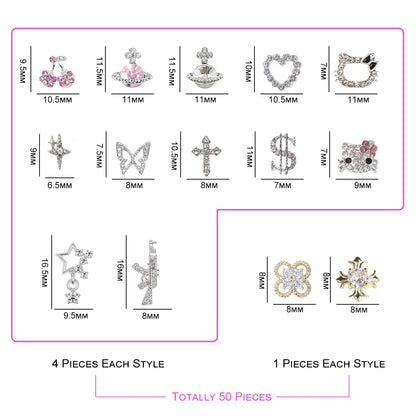 50Pcs Nail Charms Rhinestones Gems Kitty Heart Star Gun Planet Cross Jewelry for Acrylic Nails Accessories Women Nail Decorations Manicure Craft DIY Nail Art Supplies