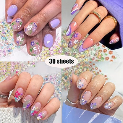 30 Sheets Flower Nail Stickers Colorful 3D Self Adhesive Cute Daisy Floral Nail Decals Heart Nail Art Charms for DIY Design (ST-F)