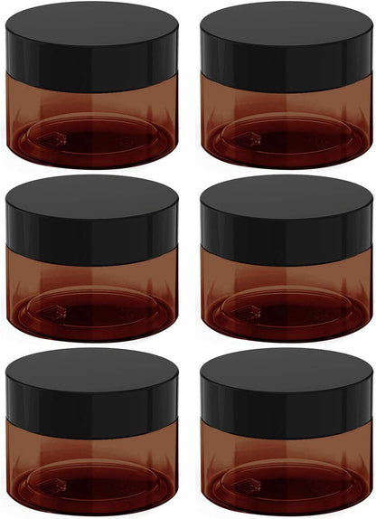 4 oz Amber Plastic Cosmetic Jars Leak Proof Container with Black Lid for Cream, Lotion, Powder, ointment, Beauty Products etc, 6 Pcs.