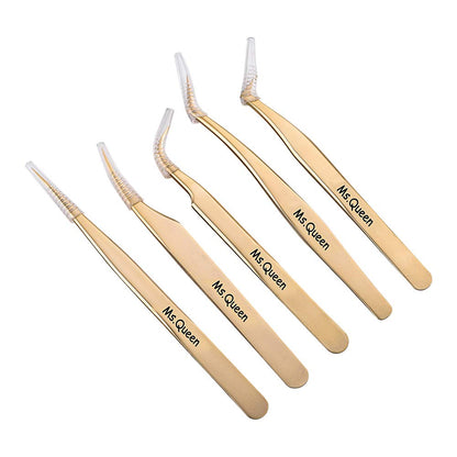 Ms.Queen Eyelash Extension Tweezers Set-Precision Tweezers for 2D-6D Volume&Individual False Lashes Extensions with PU Storage Case-Golden