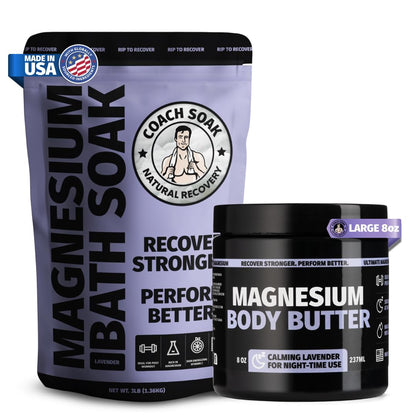 Coach Soak Recovery Bath Soak & Nighttime Magnesium Body Butter Bundle - Calming Lavender Scent - 3lb Bath Salts & 8oz Body Cream with Essential Oils, Magnesium & Shea Butter