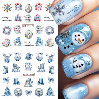 12 Sheets Christmas Nail Art Stickers Winter Snowflake Snowman Water Transfer Nail Decals Xmas Tree Santa Claus Penguin Gingerbread Man Design Acrylic Nail Foils for Women Kids DIY Holiday Nail Decor
