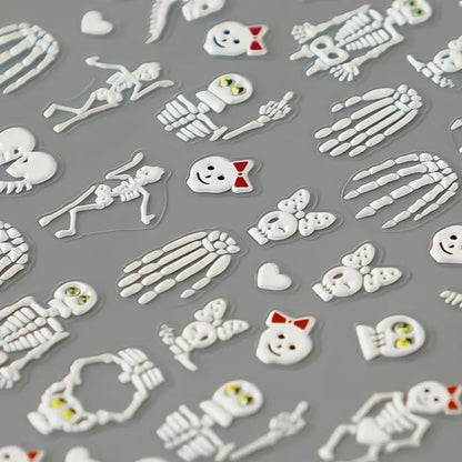 2 Sheets Halloween 5D Embossed Nail Art Stickers - Skeleton, White Skull Nail Stickers with Spider Web Heart Design - Self-Adhesive Horror Decals for Women - Art Supplies and Decorations