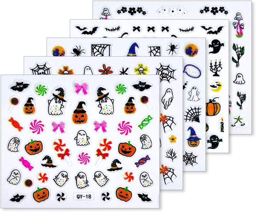 30 Sheet Halloween Nail Art Stickers Decals Cute Ghost Pumpkin Design Spider Web Scary Eyes Acrylic Nails Supplies for Women Manicure Decorations