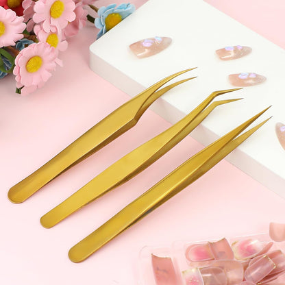 3 PCS Lash Tweezers for Eyelash Extensions, High Precision Gold Metal Tweezers Set Fiber Tip and Curved Isolation Tweezers Eyelash Extension Tools for Women Volume Lash, Crafting, Jewelry Making