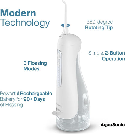 AquaSonic Aqua Flosser PRO - Rechargeable Cordless Water Flosser for Teeth, Gums & Tongue - Modern Design, 300ml Large Tank, 6 Jet Tips with Deluxe Tongue Nozzle, 3 Modes, Waterproof Optic White