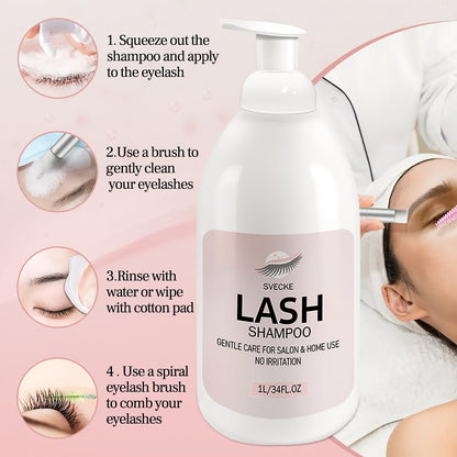 Lash Shampoo 34fl.oz/1L, Eyelash Shampoo for Lash Extension, Eyelash Extension Cleanser, Lash Eyelid Foam Cleaning Kit for Salon Use and Home Use
