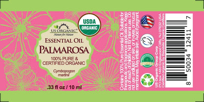 US Organic Palmarosa Essential Oil, USDA Certified Organic 100% Pure, Steam Distilled, Sourced from India (10 ml)