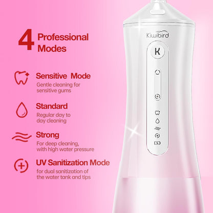 KIWIBIRD Water Dental Flosser with UV-C Sanitization, Cordless Oral Irrigator, 3 Modes & 4 Tips, 300ML BPA-Free Tank, 40-120PSI Portable Teeth Cleaner for Plaque, Home & Travel Use (Pink Ombre)