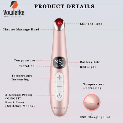 Eye Lift Wand, 3 in 1 Vibrating 98°F to 113°F LCD Eye Massager for Dry Eyes, Dark Circles and Puffiness, Face & Neck Lifting Tool for Fine Lines and Wrinkles, Rose Gold