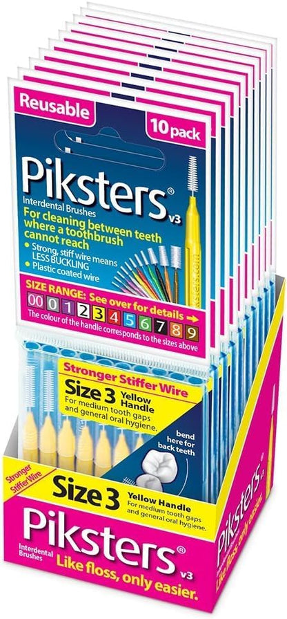 Piksters Interdental Brushes, Size 3, 100 Count (10 x 10 Packs), Interdental Tooth Brush for Medium Gaps, Gum Soft Bristles for Plaque Removal, Safe for Braces (100 pk)
