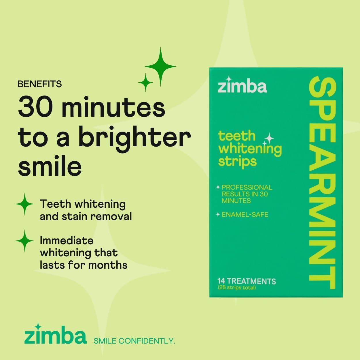 Zimba Teeth Whitening Strips for Teeth Sensitive, White Strips for Teeth Whitening, Teeth Whitener Stain Remover 28 White Strips Included Per Pack, 2 Pack (14 Day Treatment), Mint and Spearmint