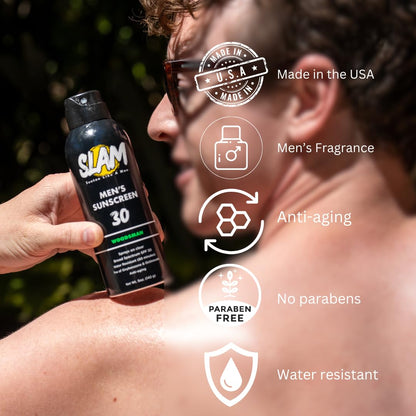 SLAM WoodsMan Men's Scented Sunscreen Spray SPF 30 – Broad Spectrum Sun Screen Spray for Face & Body, Water Resistant & Sweat Resistant Sunscreen, UVA/UVB Protection, Sunblock for Men