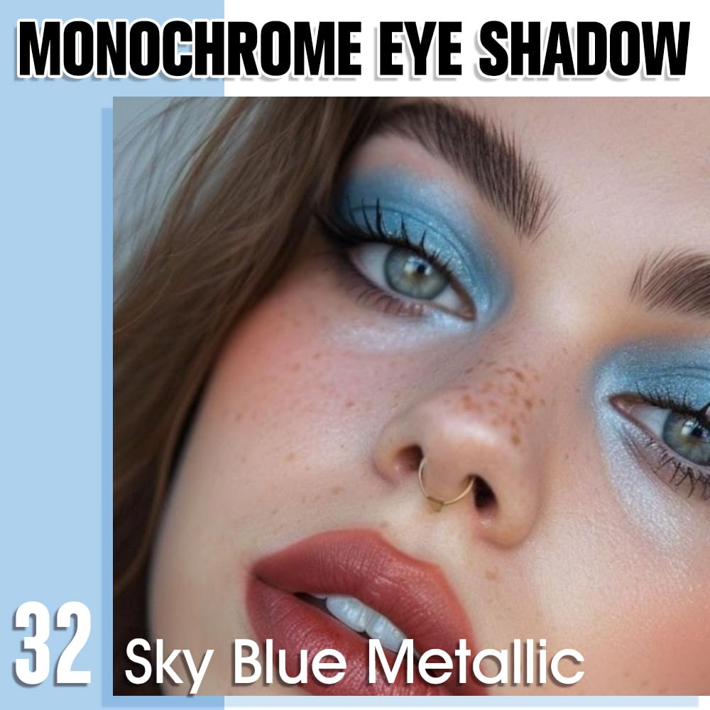 Sky Blue Metallic Eyeshadow Palette for Women, Single Monochrome Eye Shadow Makeup, Shiny Pressed Powder, Blendable Natural sombras para ojos, Holographic,Vegan,Travel -32