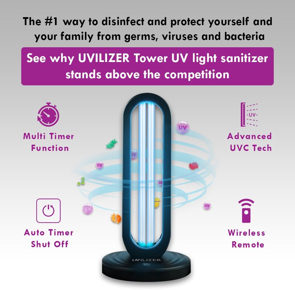 Tower - UV Light Sanitizer & Ultraviolet Lamp with Remote Control (UV-C Cleaner for Home, Room, Office | 38W UVC Disinfection Bulb | Kill Germs, Bacteria, Virus, Dust | USA)