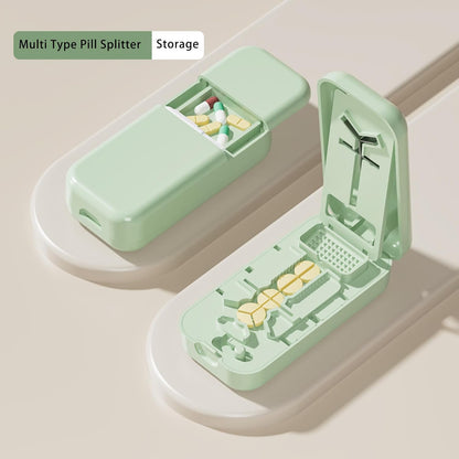 Precision Pill Cutter with Centering Guide - Multi-Angle Tablet Splitter for 1/2, 1/3 & 1/4 Cuts, Includes Pill Crusher & Storage Compartment (Green)